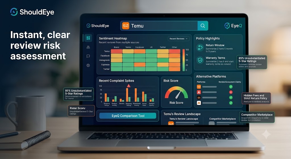 Laptop displaying ShouldEye dashboard with sentiment heatmap, complaint spikes, policy highlights, and EyeQ tool.