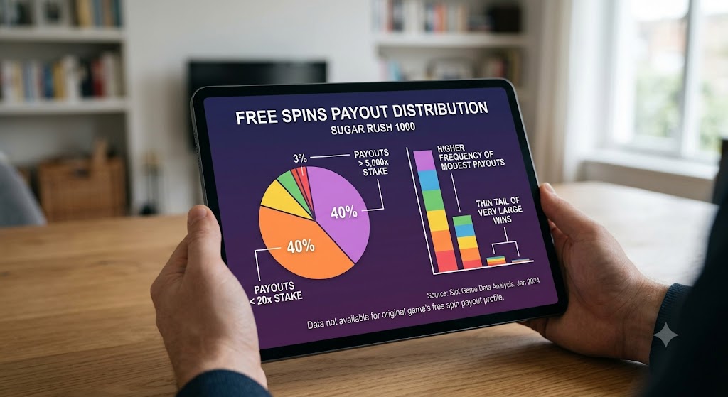 A data chart showing that 40% of Sugar Rush 1000 free spin rounds pay under 20x, while 3% pay over 5,000x.
