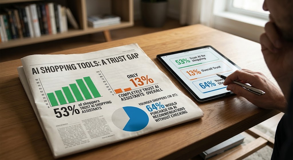 A newspaper and digital tablet on a wooden desk displaying charts and percentage statistics on AI shopping tool trust.