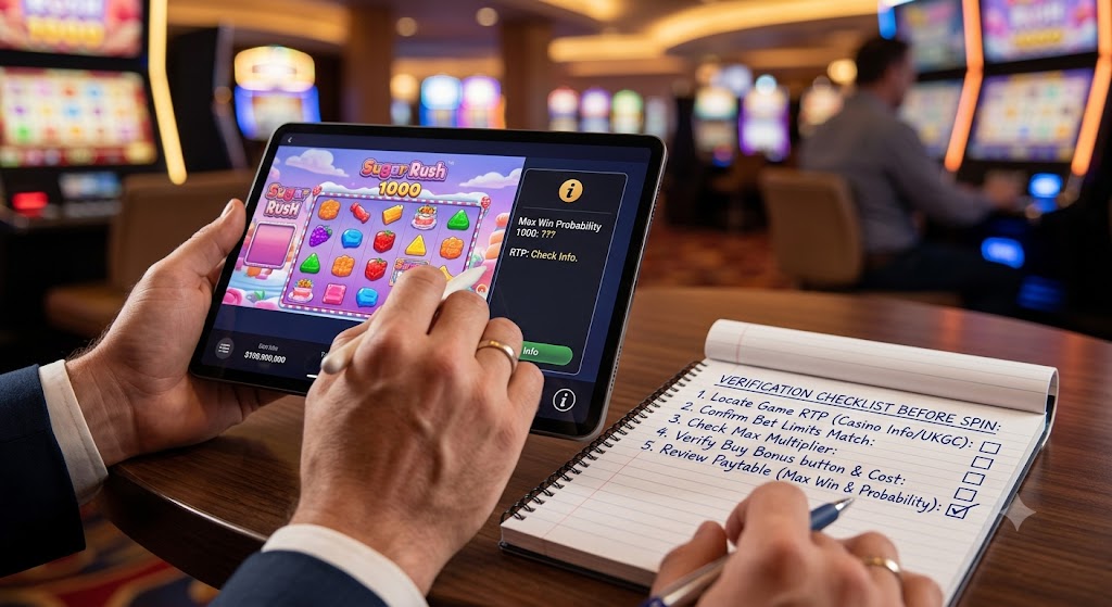 A person checking game information on a tablet in a casino, with a notepad checklist nearby.