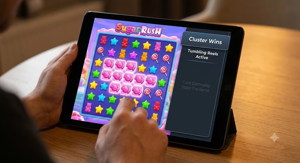 A player holding a tablet displaying a candy-themed 7x7 grid slot game featuring glowing cluster wins and tumbling reels.