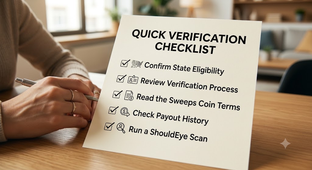 A close-up photograph of a person's hands holding a pen, reviewing a printed "Quick Verification Checklist" with five checkmarks on a wooden table.