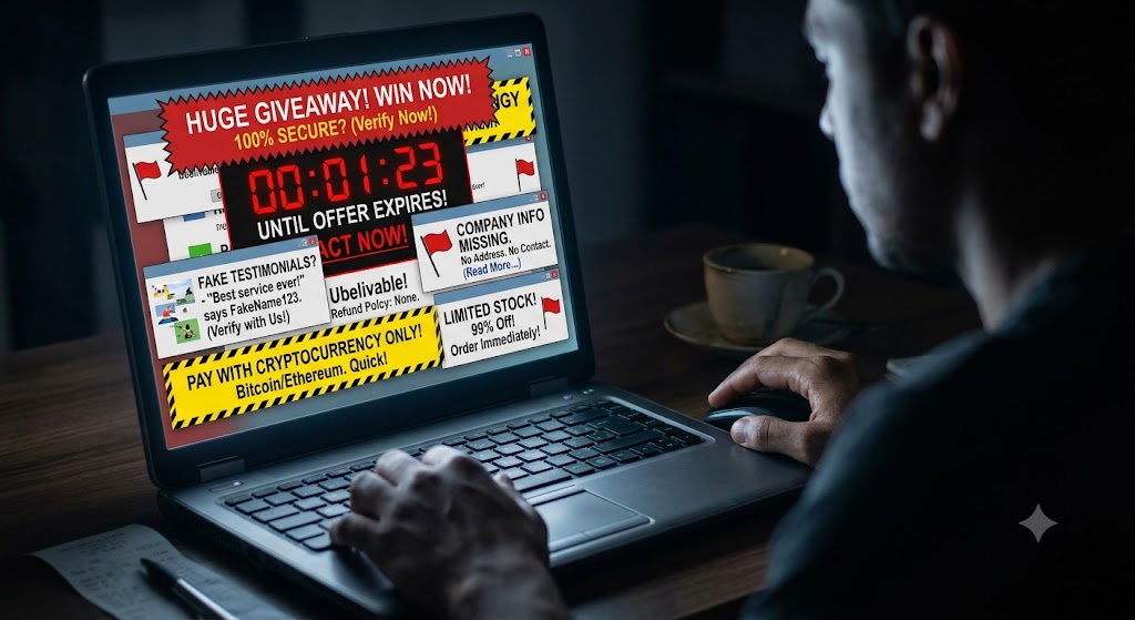 A man at a laptop faces numerous deceptive, high-pressure pop-up scams, red flags, and fraudulent online schemes.