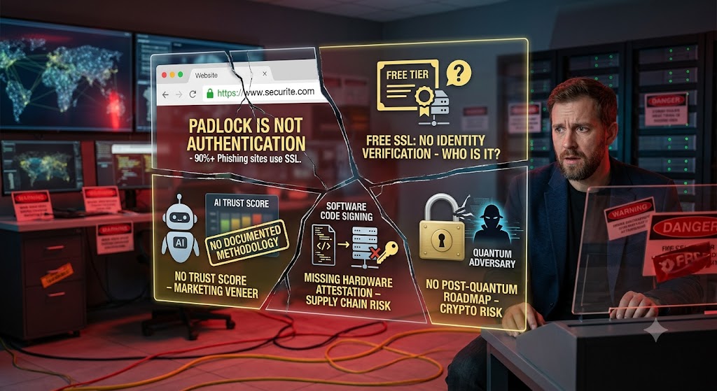 A man watches in dismay as a digital display of web security warnings cracks, revealing vulnerabilities like fake SSL.