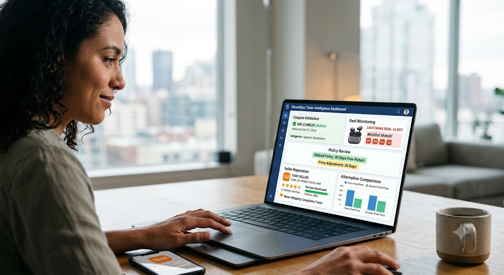 Woman using a laptop displaying the ShouldEye dashboard with Temu coupon validation, deal monitoring, and seller reviews.