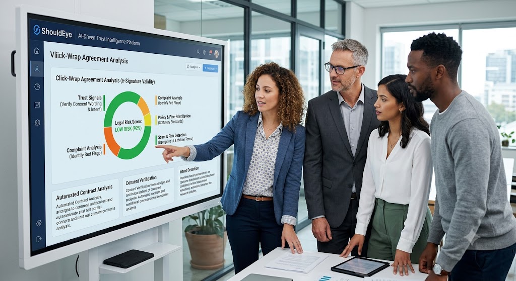 A team reviews a ShouldEye display showing click-wrap agreement analysis, legal risk scores, and trust intelligence.