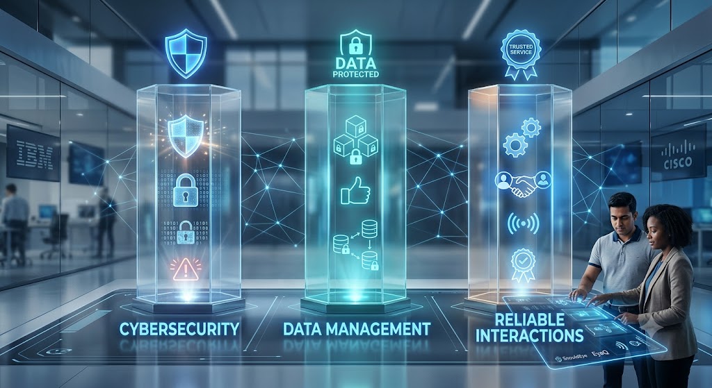 Three digital pillars representing Cybersecurity, Data Management, and Reliable Interactions inside a sleek tech facility.