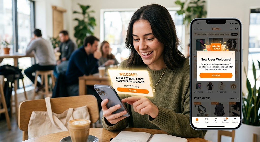 A young woman smiles happily while looking at her smartphone to claim a Temu new user coupon package at a cafe.
