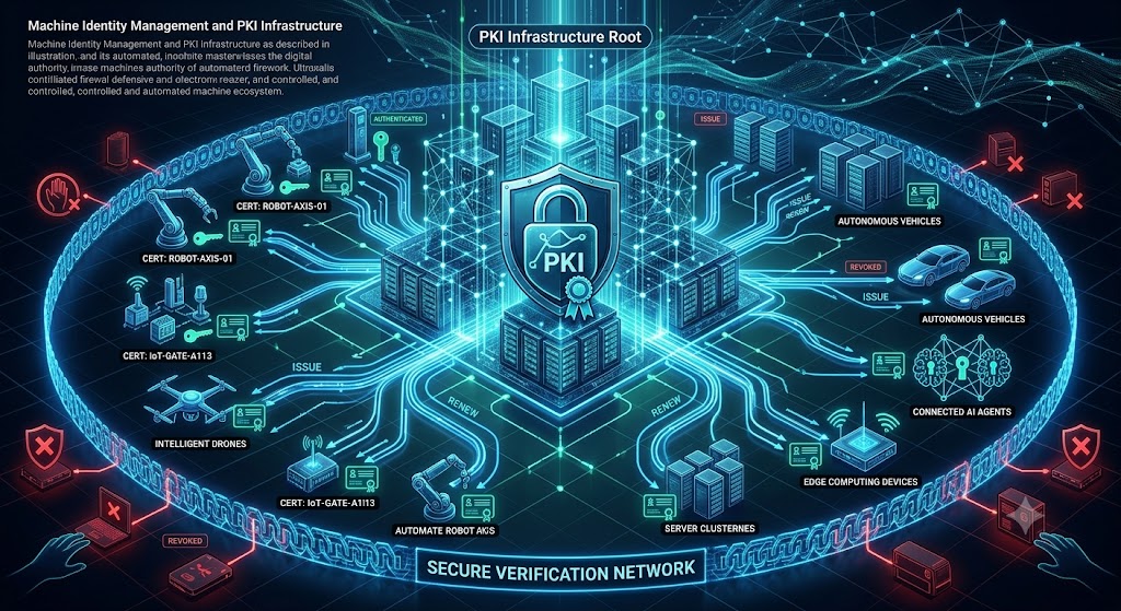 A complex infographic of PKI infrastructure issuing and revoking digital certificates for networked IoT devices.