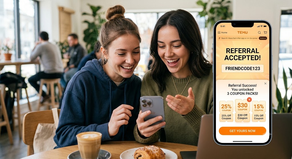 Two women look at a smartphone screen together in a cafe, unlocking a Temu referral coupon pack from a friend code.