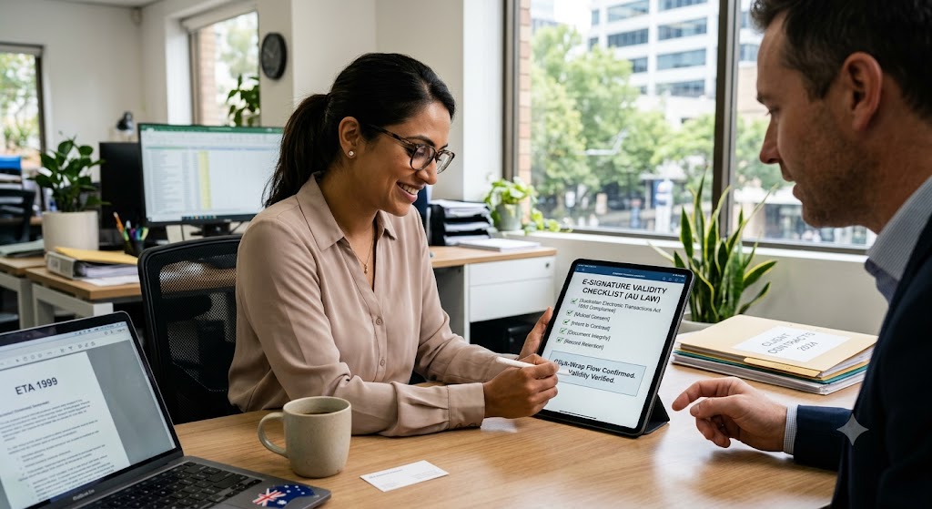 Two professionals in an office discuss a digital "E-Signature Validity Checklist" on a tablet for Australian law compliance.