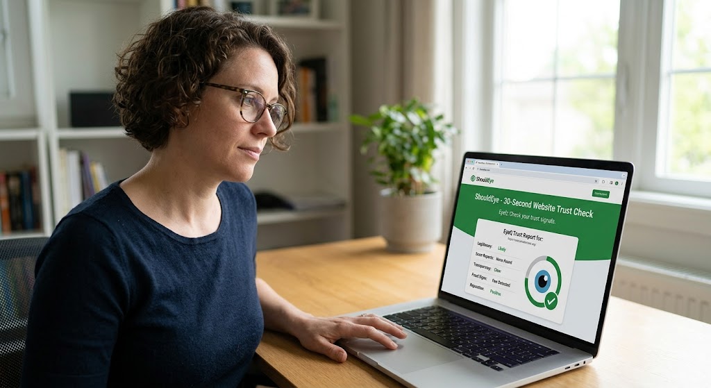 A woman with glasses views a ShouldEye EyeQ website trust check report on her laptop at a brightly lit home desk.