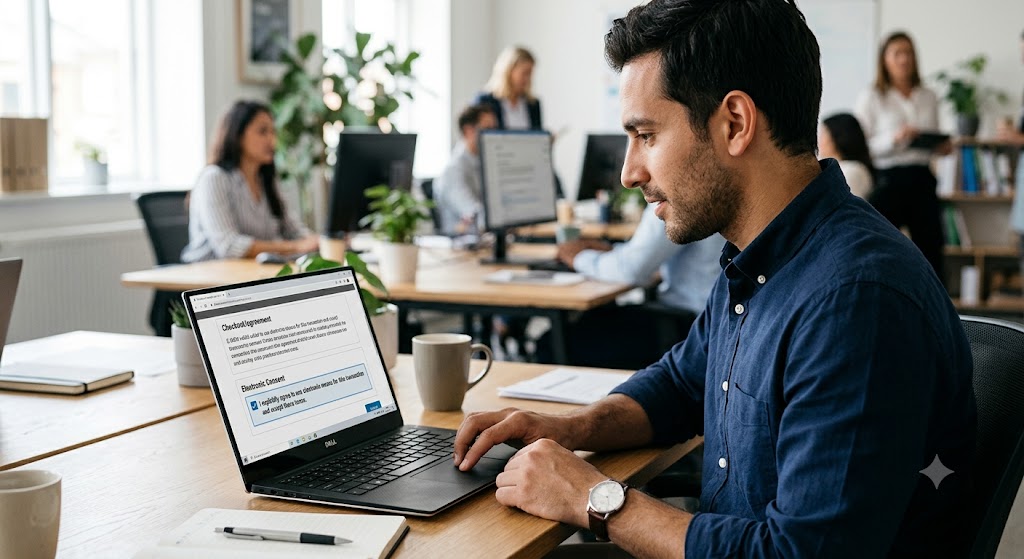 A man in an office uses a laptop, focusing on an electronic consent form with a visible checkbox on the screen.