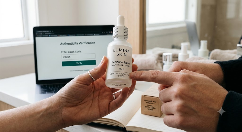 Hands holding a skincare serum bottle, pointing to the printed batch code while an online verification website is open on a laptop.