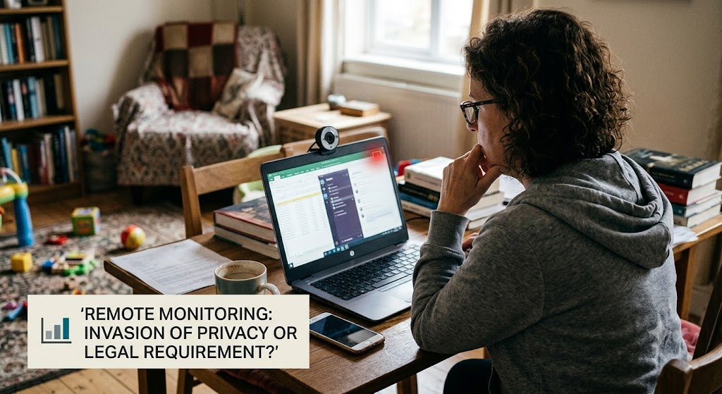 Woman works on a laptop with a webcam at home, accompanied by text about legal and privacy issues in remote monitoring.