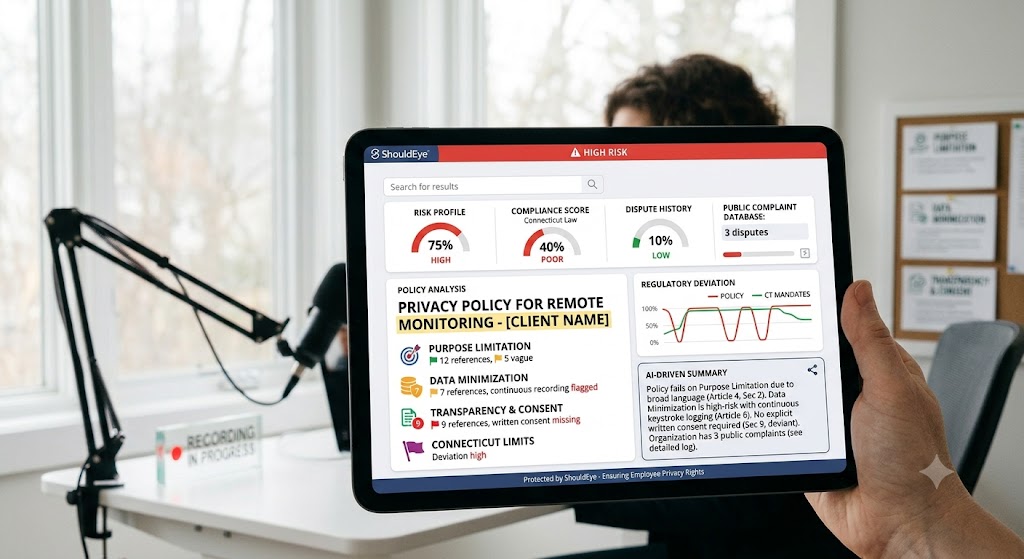 Tablet showing a "ShouldEye" privacy audit with poor compliance scores and data risks.