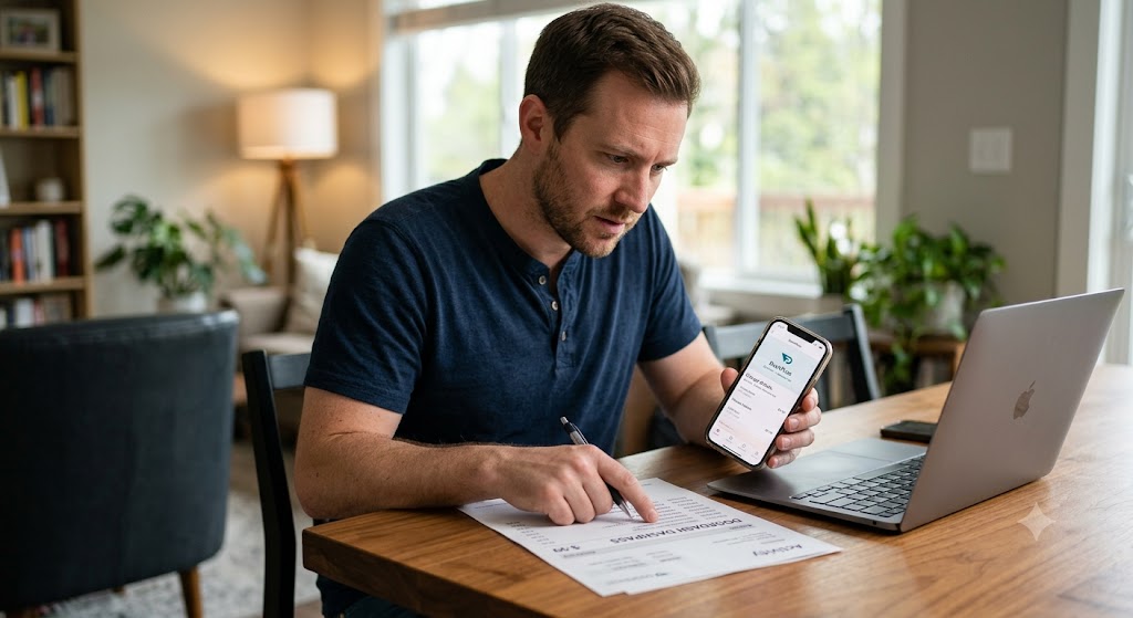 A man sitting at a table reviews a paper bank statement and a smartphone displaying an unexpected DoorDash DashPass fee.