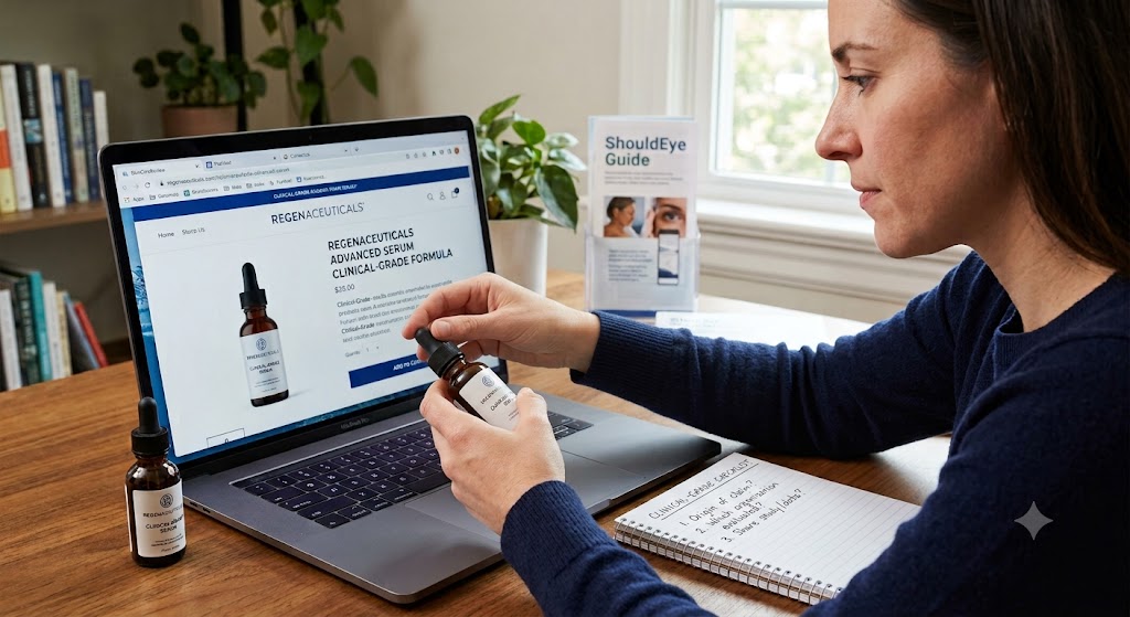 Woman sitting at a desk reviewing a clinical skincare product on a laptop next to an open checklist notebook.
