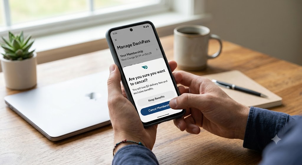 Hands holding a smartphone tapping the cancel membership confirmation button in the DoorDash app on a wooden desk.