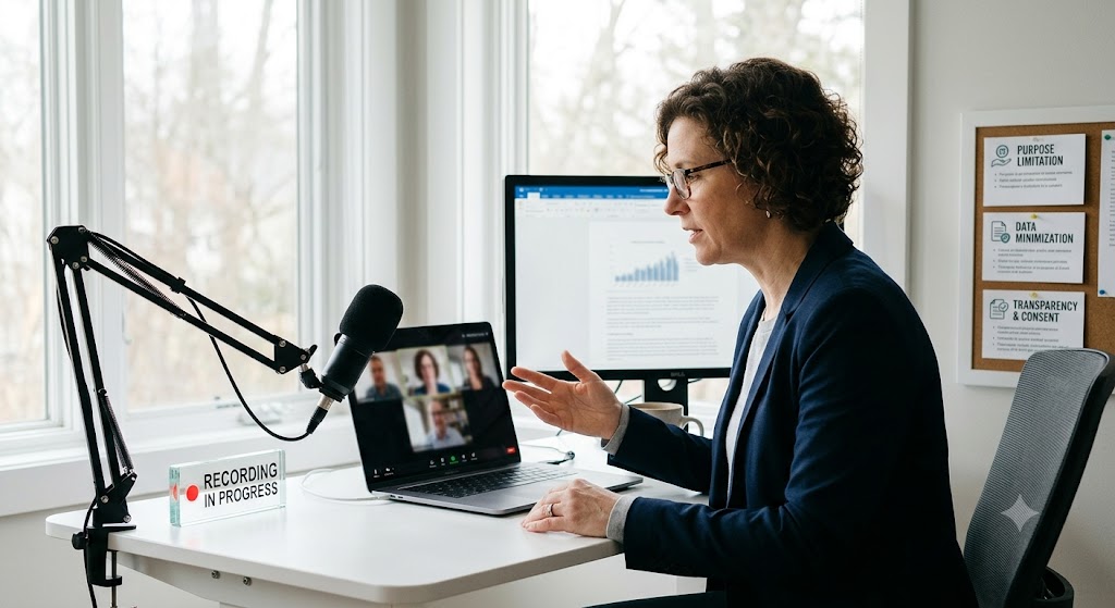 A remote worker on a video call at her desk, with a "Recording In Progress" sign and privacy guidelines on the wall.