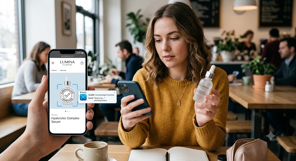 A woman in a cafe uses an AR phone app to verify the "Dermatology Approved" seal on a skincare serum bottle she holds.