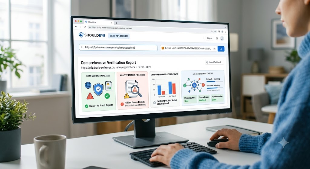 A person uses a computer to generate a ShouldEye security report, verifying a crypto wallet address and analyzing risks.