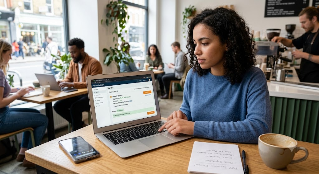 A woman uses a laptop in a café, reviewing a peer-to-peer crypto trading platform with escrow, reputation, and security.