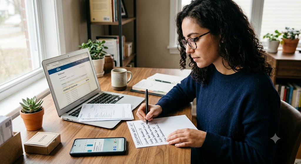 A woman at her desk writing a subscription checklist next to a laptop displaying bank statements and reminders.