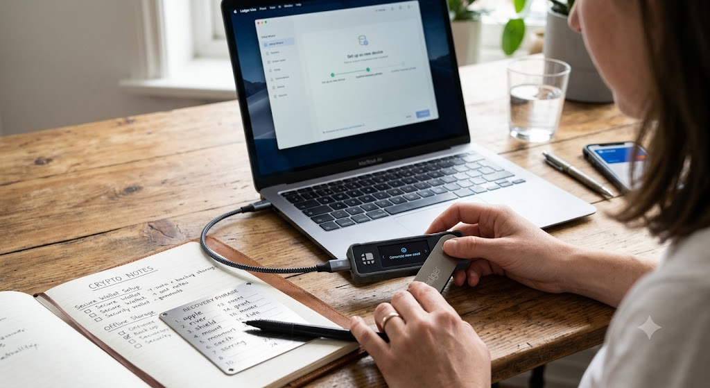 Person setting up a hardware wallet connected to a laptop while writing down recovery phrase notes on a wooden desk.