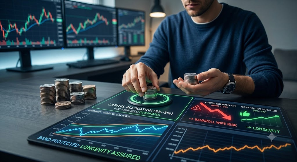 A trader managing coins on an interactive desk surface displaying "3%-5%" capital allocation, with screens showing graphs in the background.