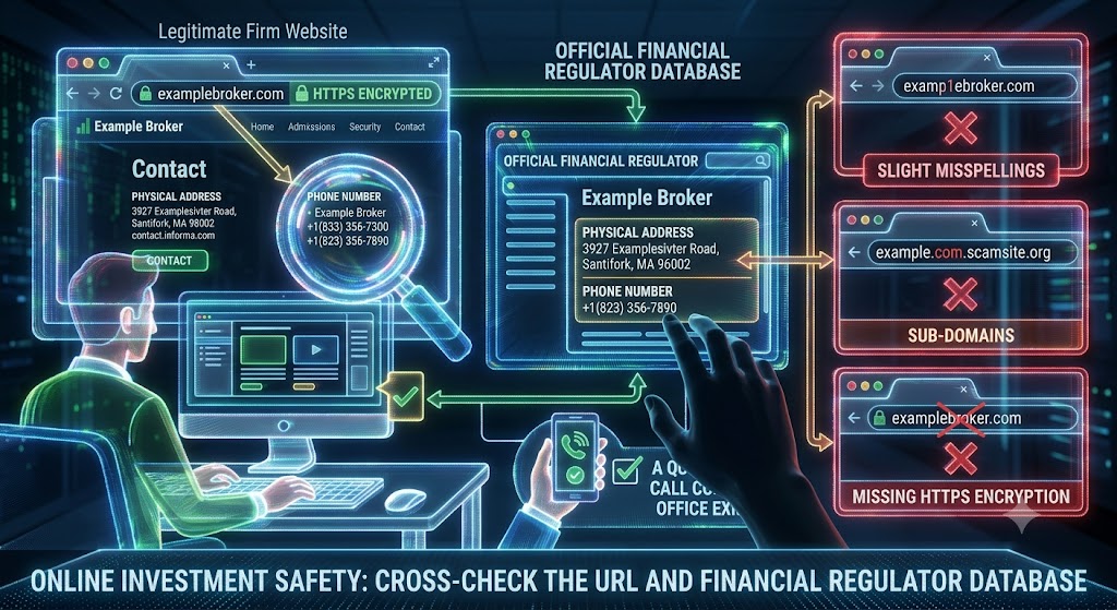 A futuristic blue hologram showing online investment security checks against a backdrop of a digital office and servers.