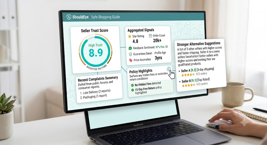 Desktop dashboard showing the ShouldEye seller trust score, complaints summary, policy highlights, and alternatives.