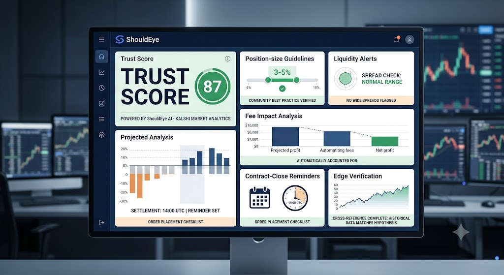 The ShouldEye trust score dashboard displays various market analytics like risk guidelines, analysis and contract alerts.