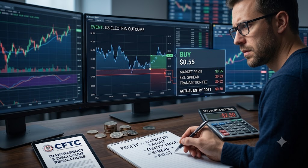 A trader calculating event contract fees at a desk with trading monitors showing market spreads and CFTC regulations.