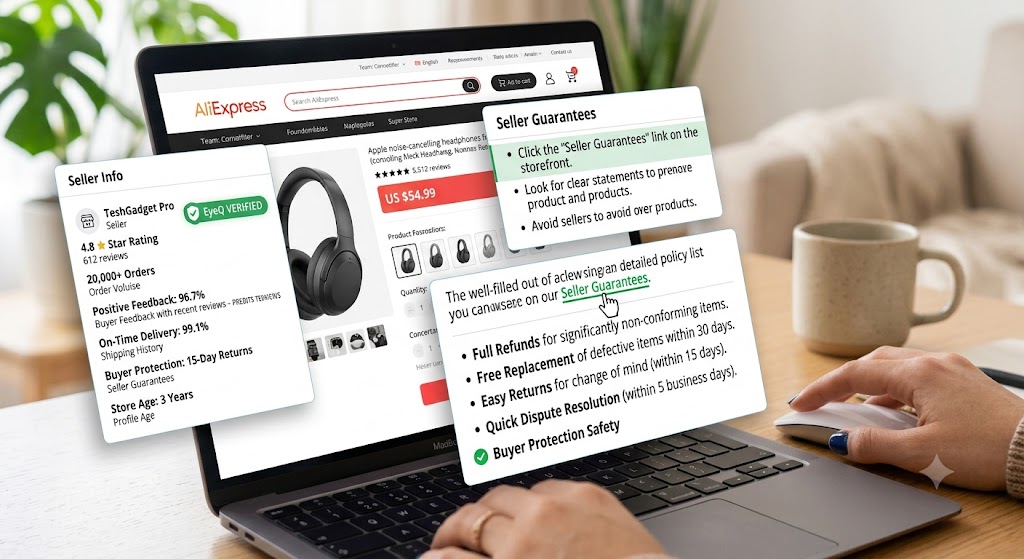 Laptop screen highlighting the AliExpress Seller Guarantees tab with clear refund and buyer protection policies.