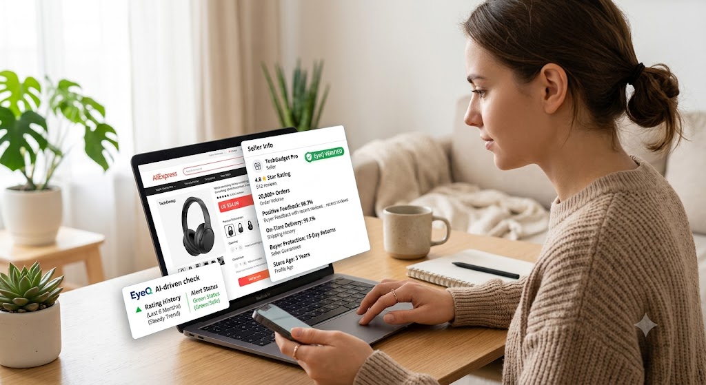 Woman using a laptop displaying an AliExpress seller metrics overlay with EyeQ trust score and star rating indicators.