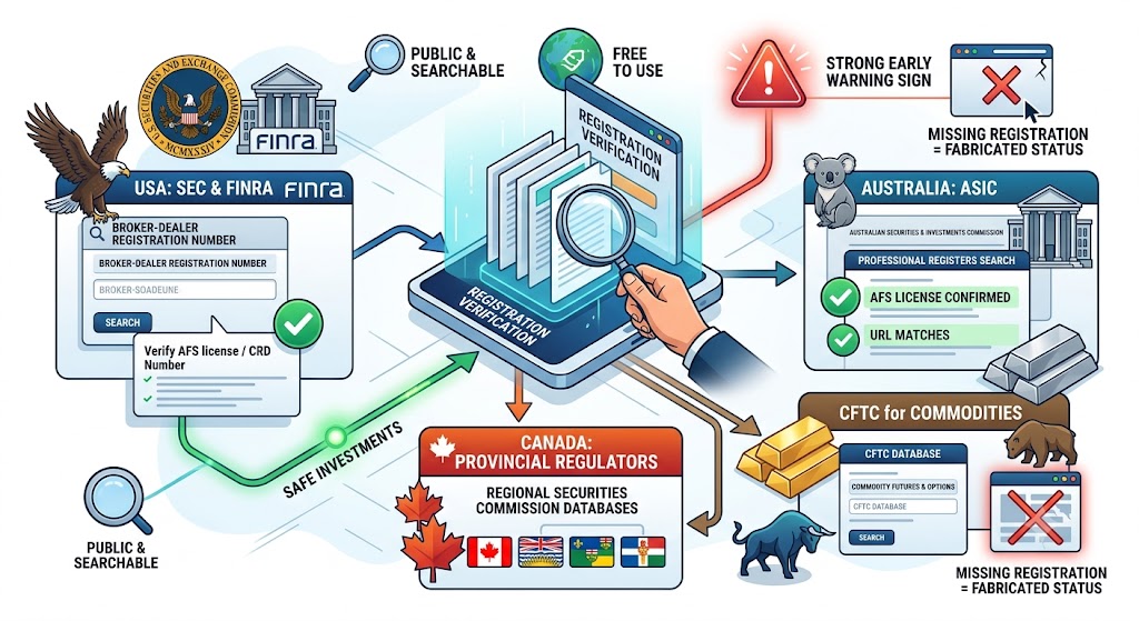 An infographic showing how to verify broker registrations across global financial regulators like SEC, FINRA, ASIC, and CFTC.