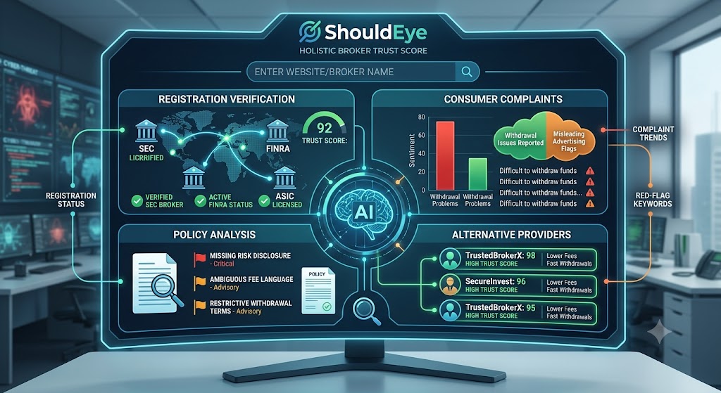 An AI-driven cybersecurity dashboard "ShouldEye" displayed on a desk, analyzing broker trust and verifying registrations.