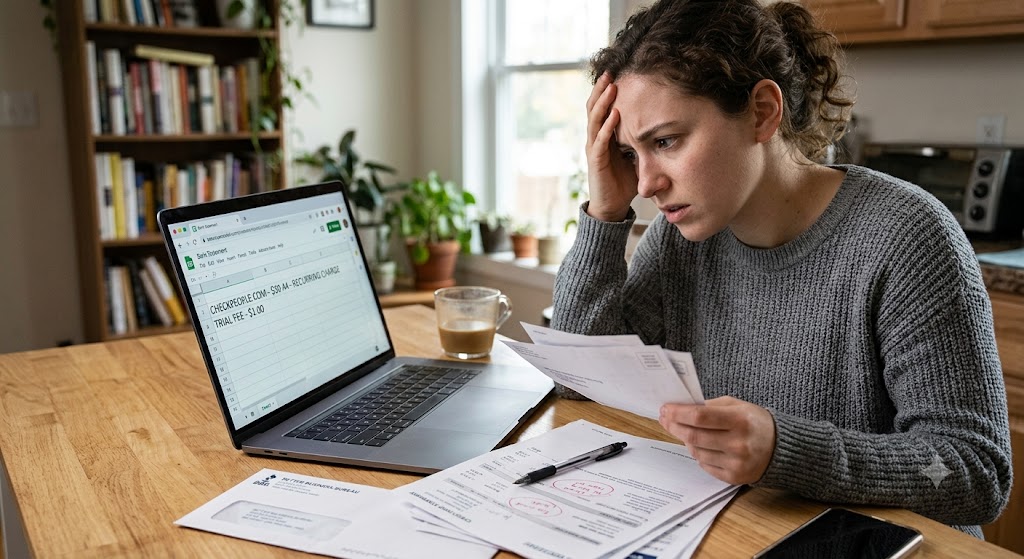 A stressed woman reviews bank statements showing "CheckPeople.com - $30.44 Recurring Charge" and trial fees on her laptop.