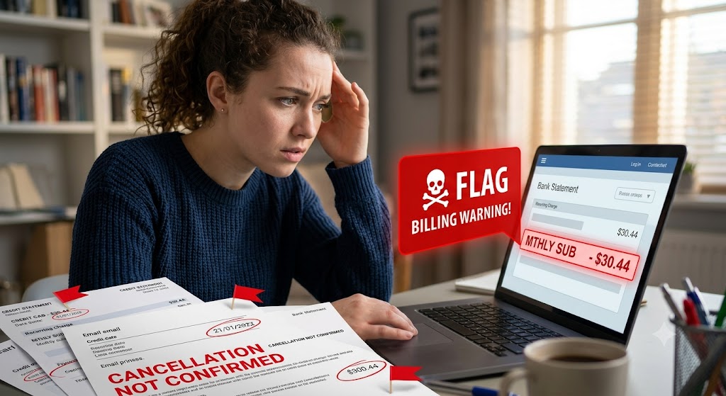 A concerned woman looks at a laptop showing a $30.44 billing warning alongside paper statements flagged for issues.