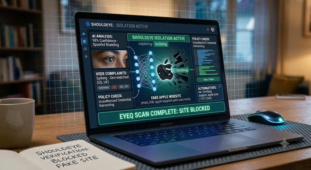 A laptop screen displays an active ShouldEye fraud analysis, blocking a fake Apple website with an AI neural network scan.