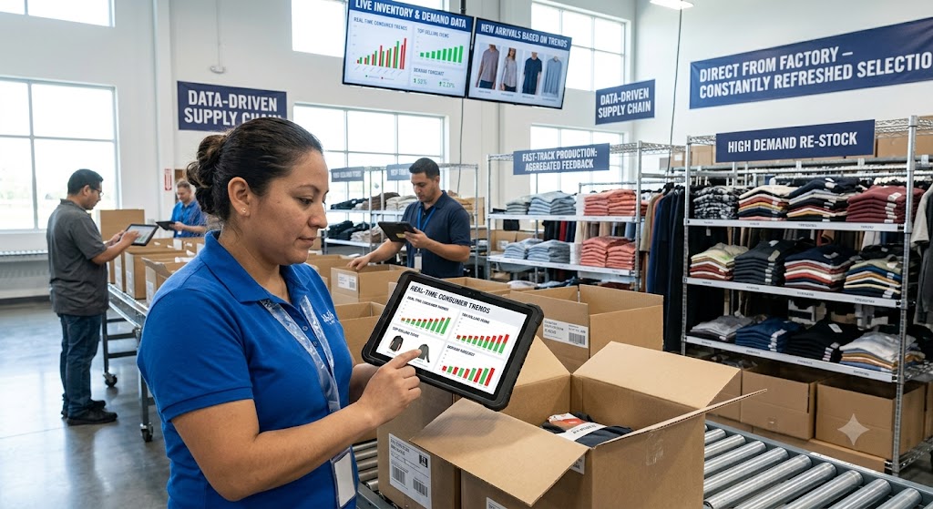 A factory worker checks consumer feedback data on a tablet next to shelves with boxed electronics in a modern warehouse.