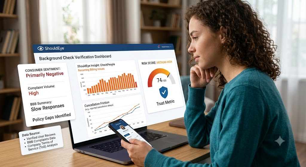 A woman reviews a ShouldEye dashboard on her laptop displaying risk scores, trust metrics, and sentiment trends.