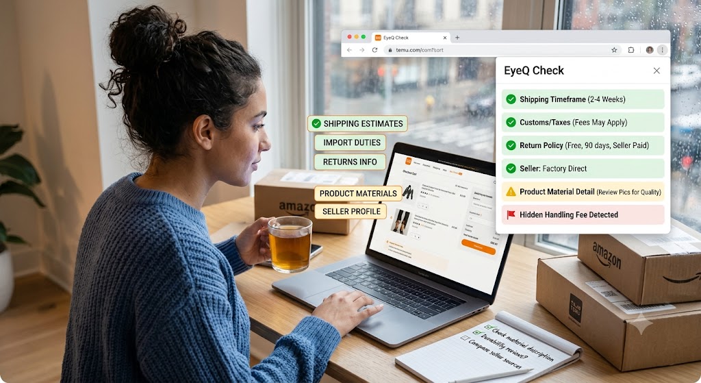 Woman using a laptop with an EyeQ check overlay and Amazon boxes, illustrating online shopping verification.