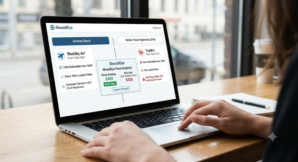 A person works on a laptop displaying the ShouldEye comparison dashboard, which evaluates direct and OTA flight bookings.