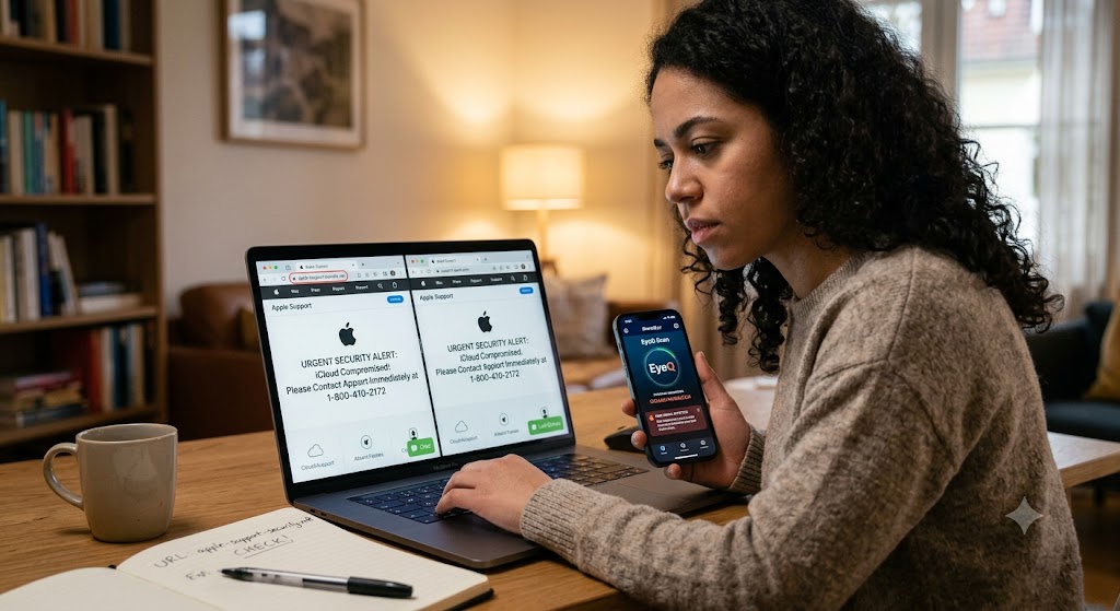 A user inspects suspicious website URLs on a laptop while using a security app scan on a smartphone to verify domain safety.