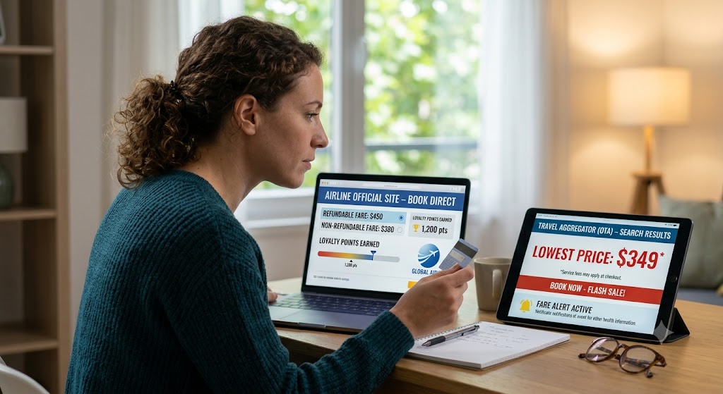 A woman compares an airline's official direct booking site on a laptop with a third-party travel site on a tablet.