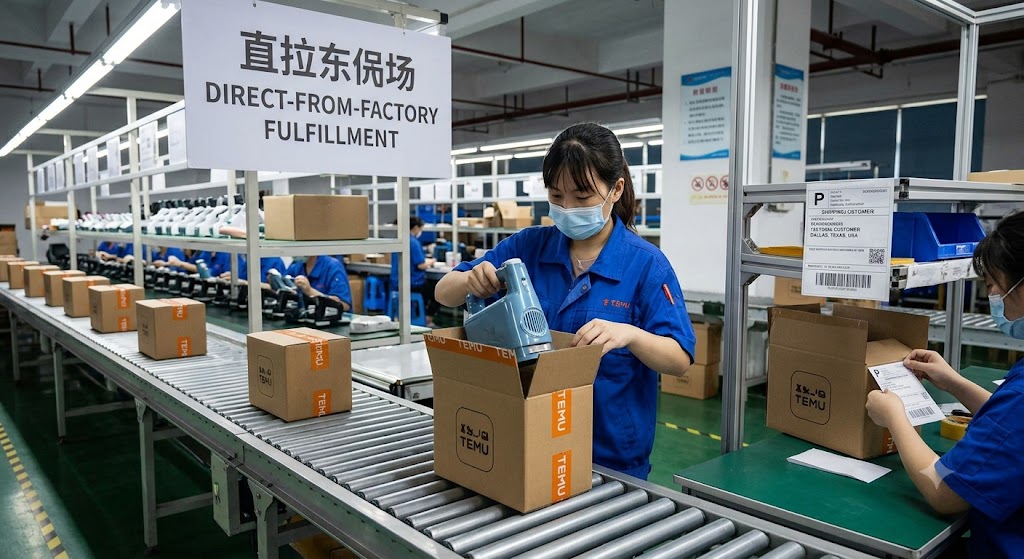 A photo inside a factory shows a worker packing a blue device into a Temu box on an assembly line. A sign says 'Direct-from-factory fulfillment.'
