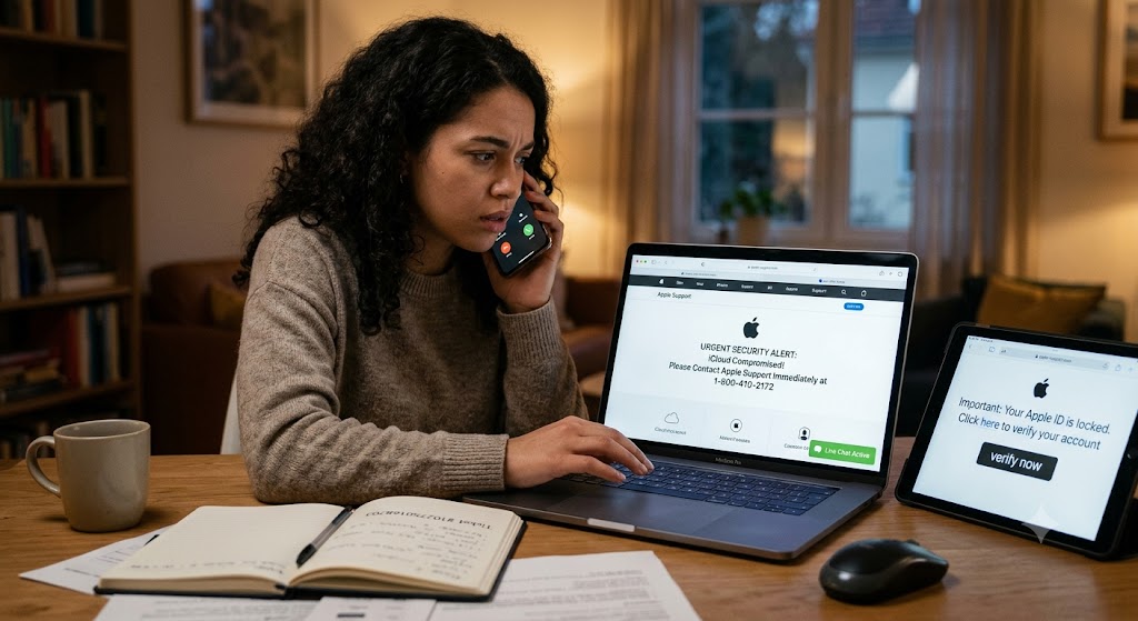A concerned woman on a phone call looking at laptop and tablet screens showing fake Apple support security scam pop-ups.