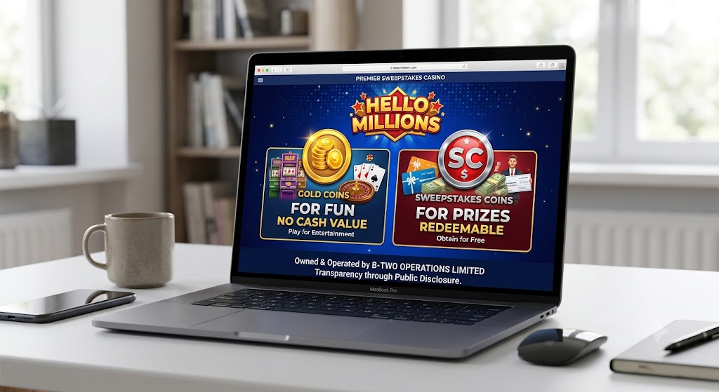 A laptop displays the Hello Millions premier sweepstakes casino website on a desk, with gold coins for fun and redeemable sweepstakes coins shown.